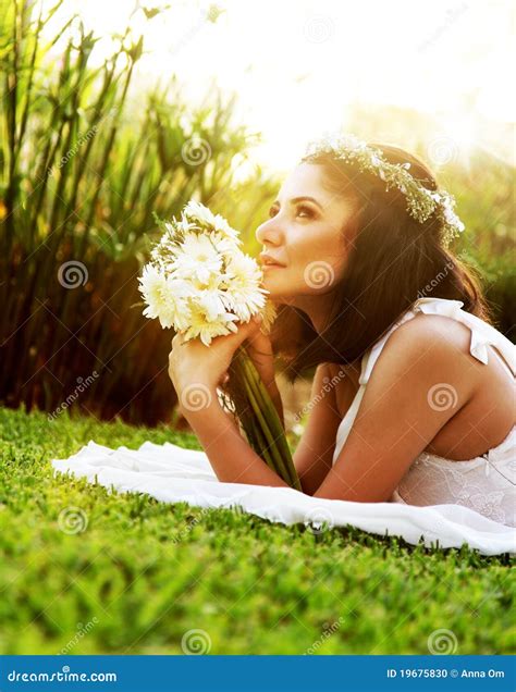 Happy Bride On The Grass Stock Photo Image Of Bouquet