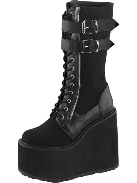 Demonia Womens Lace Up Wedges Knee High Boots Black Platform Shoes 5