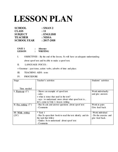 Lesson Plan For Writing