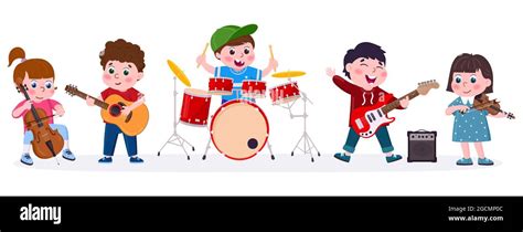 Cartoon Kids Music Band Playing Musical Instruments Children Singing