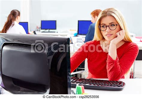 Blond Businesswoman Working Office With Computer Blond Glasses Businesswoman Working Office