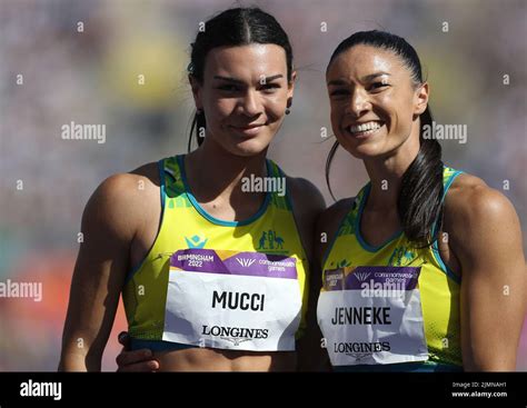 birmingham uk 7th aug 2022 celeste mucci and michelle jenneke of australia after the women s