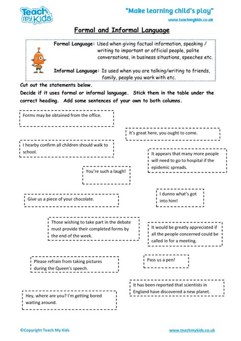 Informal And Formal Language Worksheets Language Worksheets