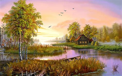 Download Boat House Spring Lake Artistic Painting Hd Wallpaper