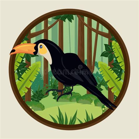 Wild Toucan Bird Animal In The Jungle Circular Frame Scene Stock Vector