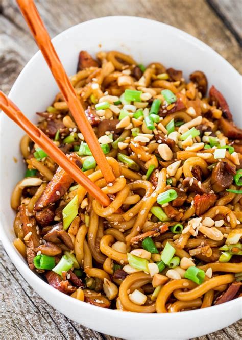 People in japan eat udon ususally in hot soup with some meats or at a nice udon restaurant, udon dish could be a more proper meal with a substantial topping like. Asian Style Udon Noodles with Pork and Mushrooms - Jo Cooks