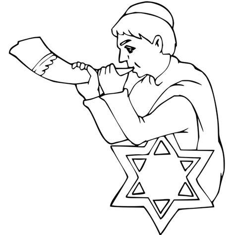A Jewish Man Blowing The Shosah In Front Of A Star Of David Coloring Page