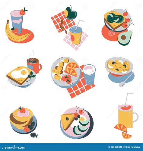 Sets Of Healthy Breakfasts From Different Dishes And Products Vector