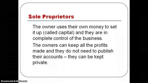 A sole proprietorship is a simple type of business or enterprise that is owned and run by a single person. Sole Proprietors and Partnerships - YouTube