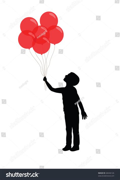 Silhouette Of A Boy Holding Red Balloons Stock Vector Illustration