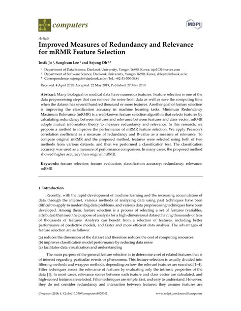 Pdf Improved Measures Of Redundancy And Relevance For Mrmr Feature