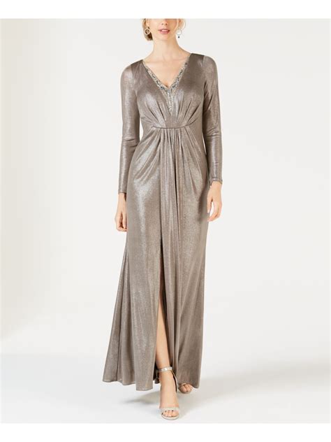 Adrianna Papell - ADRIANNA PAPELL Womens Silver Embellished Metallic Jersey Gown Long Sleeve V ...
