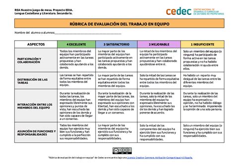 Cedec Rubrica Trabajo En Equipo Nuestro Juego De Mesa Cedec