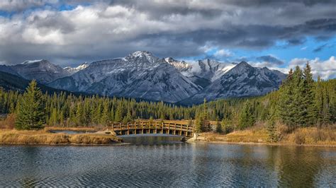 Alberta Banff National Park Bridge Canada And Forest Lake And Rocky