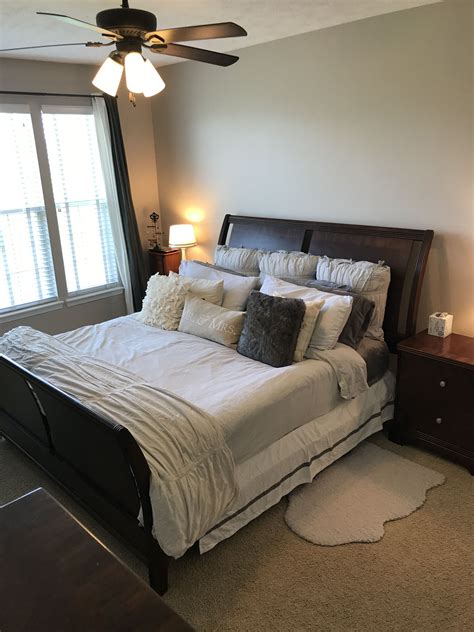 Pale gray walls with white trim and light. Cozy Master Bedroom Gray | Gray master bedroom, Gray ...