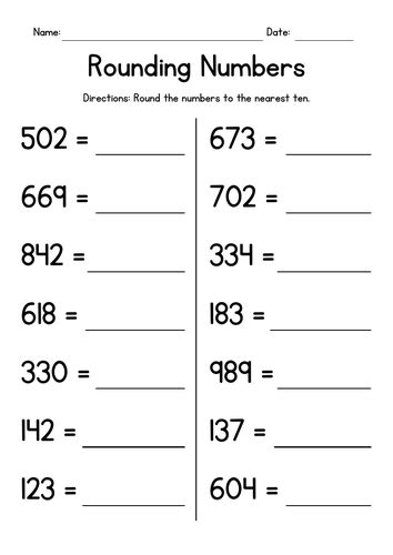 Rounding 3-digit Numbers To The Nearest 10 Worksheet
