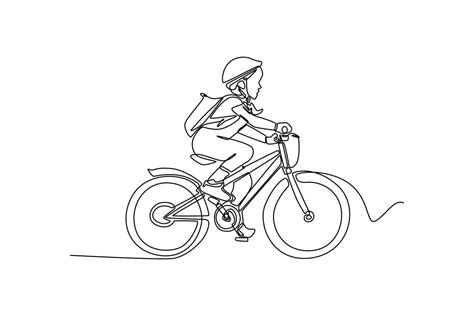 Single One Line Drawing Happy Girl Riding A Bike With Helmet World Bicycle Day Concept