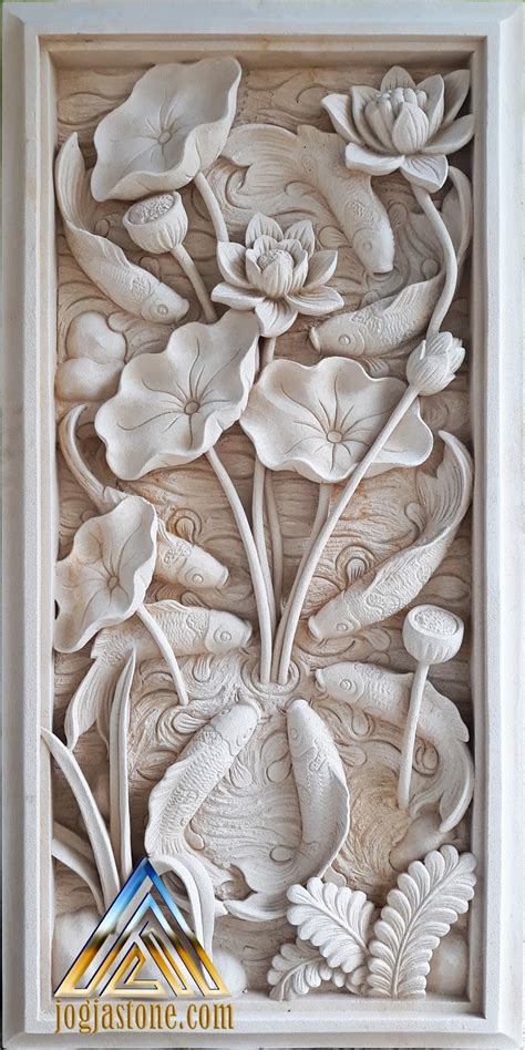 Gambar Relief Dinding Motif Bunga Lotus Dan Ikan Koi