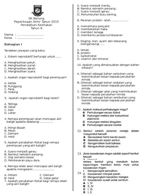 Soalan pendidikan kesihatan tahun 3. Soalan Peperiksaan Akhir Tahun Pendidikan Kesihatan Tahun ...