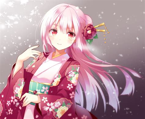 Gradient Japanese Clothes Kimono Long Hair Original Pink Eyes Pink Hair