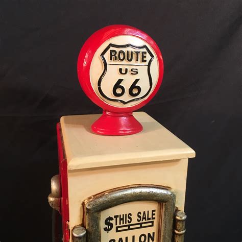 Different word describing our product: VINTAGE ROUTE 66 GAS PUMP SHAPED WOODEN CABINET, 35'' TALL