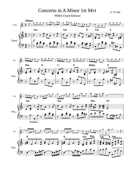 Vivaldi Violin Concerto In A Minor Accompaniment With Chords Sheet