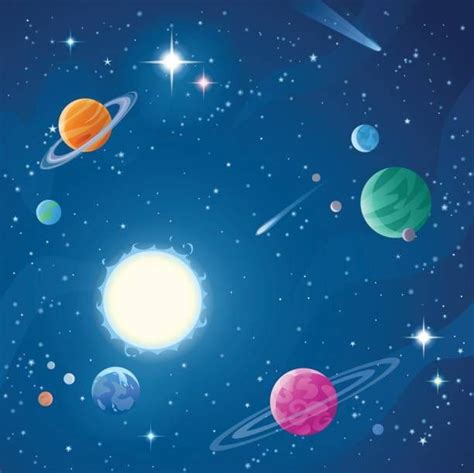 Vector Illustration Of A Cartoon Space Scene Full Of Planets Stars