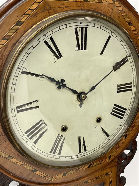 19th Century Inlaid Walnut Drop Dial Wall Clock Twin Train Movement Striking The Hours On Bell