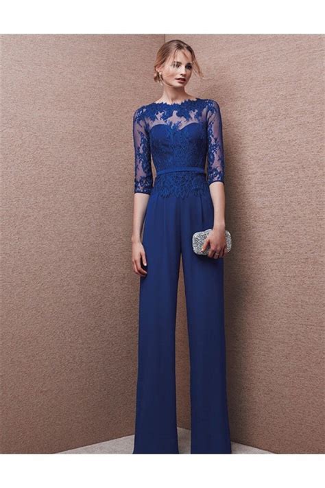 Formal Long Royal Blue Chiffon Lace Evening Jumpsuit With Sleeves Designer Jumpsuits