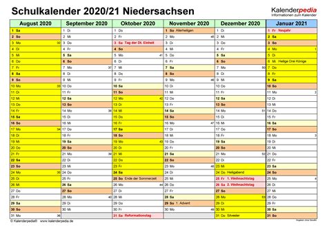 Zu den beweglichen ferientagen erhalten die lehrkräfte an öffentlichen schulen. Schulkalender 2020/2021 Niedersachsen für PDF
