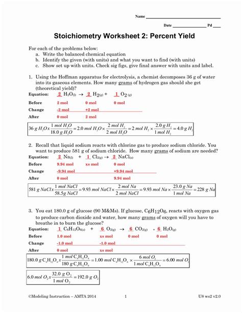 Percentage Yield Worksheet With Answers Pdf