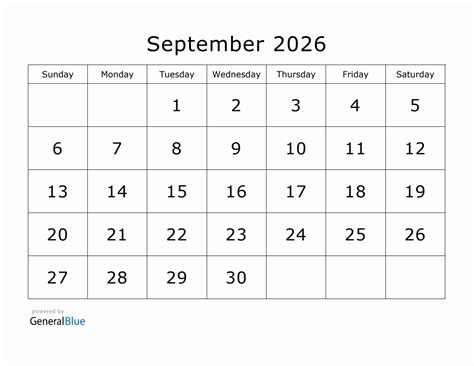 Printable September 2026 Calendar