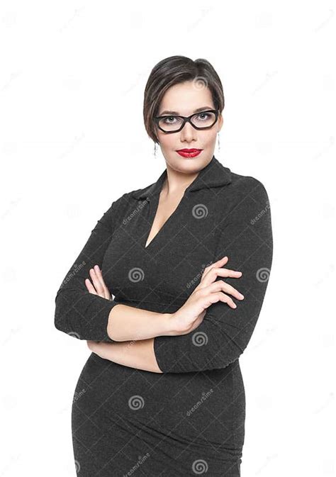 Beautiful Plus Size Woman In Black Dress And Glasses Posing Stock Image