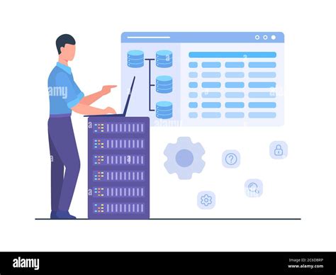 Man Engineer Stand Work On Laptop Maintenance Database Server Service