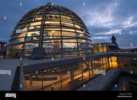 Modern Architecture Of Glass Dome Structure At Twilight Reichstag Roof