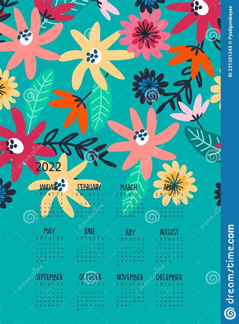 Calendario 2022 Con Flores Silvestres Dibujadas A Mano Sobre Fondo