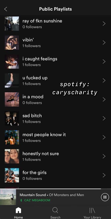 This could be a music blog, twitter personality, indie musician if a blog has a spotify playlist with 30,000 followers, they can trade with other blogs who have similar sized playlists to get you into more and. spotify | caryscharity • in 2020 | Playlist names ideas ...