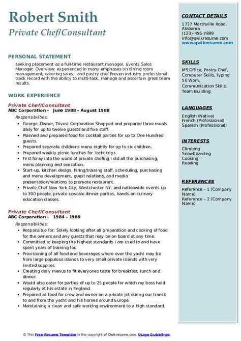 Private Chef Resume Samples Qwikresume