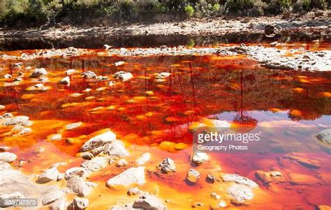 Blood Red Mineral Laden Water In The Rio Tinto River In The Minas De