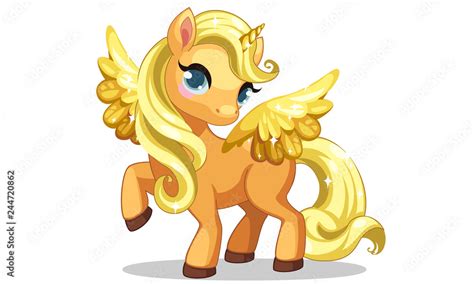 Cute Little Golden Unicorn With Golden Wings In Standing Pose Vector