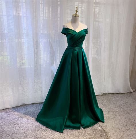 Imported Satin Emerald Green Prom Dresses Pleated A Line Off Shoulder