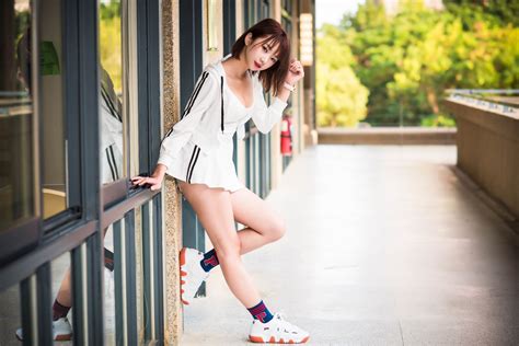 Wallpaper Standing Outdoors Urban Asian Legs Miniskirt Women