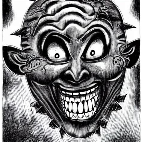 Smiling Oni Mask Junji Ito Ink Drawing Black And Stable Diffusion
