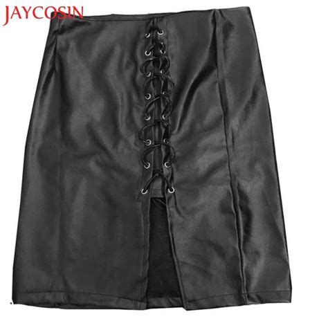 Jaycosin Women Casual Pu Leather High Waist Solid Skirt Bandage Leater Black Skirt Z0815 In