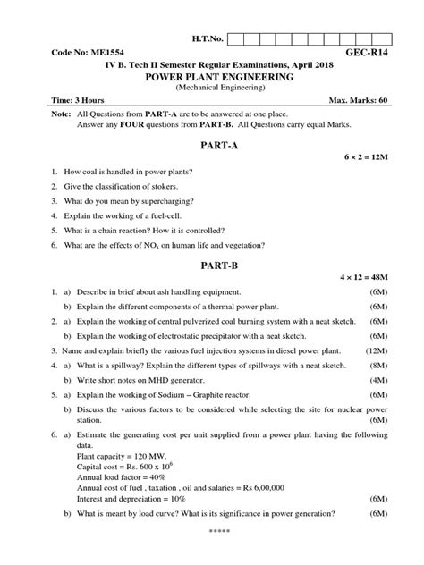 Gec R14 Power Plant Engineering Htno Code No Me1554 Iv B Tech Ii