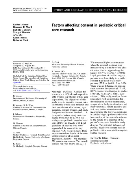 Pdf Factors Affecting Consent In Pediatric Critical Care Research