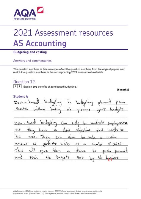 Aqa As Accounting 7126 Budgeting And Costing Answers And Commentaries