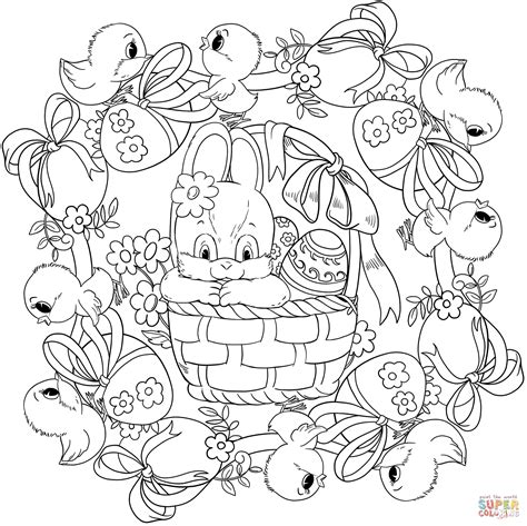 Easter Mandala With A Busket Rabbit Chickens And Eggs Coloring Page