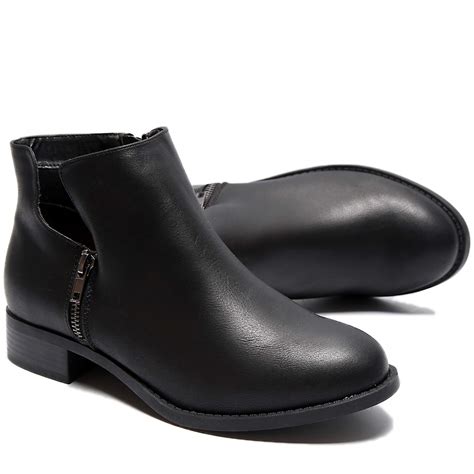 Womens Wide Width Ankle Boots Block Low Heel Slip On Side Black