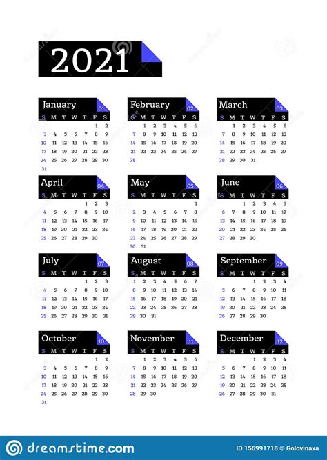 Calendario 2021 La Semana Comienza El Domingo Plantilla BÃ¡sica Del Negocio Ilustración Del